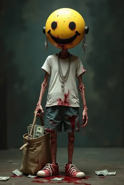 Smiley character with bony and bloody body parts wearing a white t-shirt torn with blood and short pants with blood tattoos and diamond earrings and diamond necklace and bag hanging from shoulder to ney with bills sticking out 