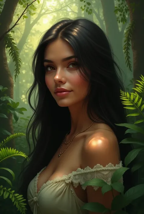 A realistic fair-skinned Mexican woman in a forest