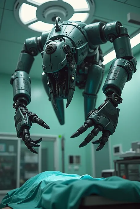 Torture device with robotic arms and sharp attachments that drops from the ceiling of an operating theatre 