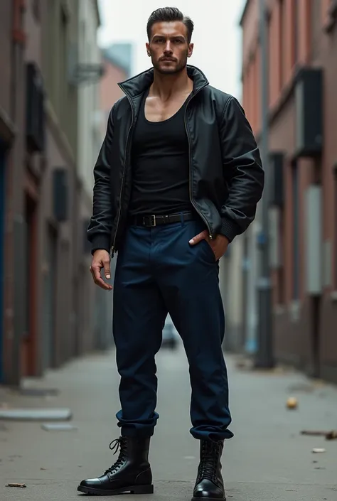 Man wearing navy blue dress pants with black boots with black tank top and a black bomber jacket