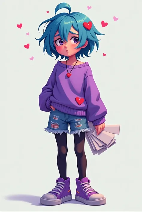 vibrant nervous and scared girl with short blue hair with a heart brooch in her hair with a heart necklace with a short and torn purple sweater and in the center she has a heart dressed in short ripped denim shorts with black tights and purple sneakers hol...