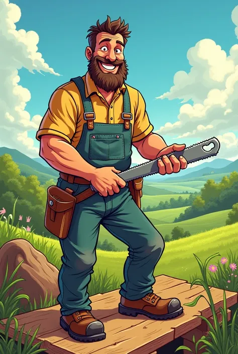 Create an image of an adult man in the field of comic style carpentry