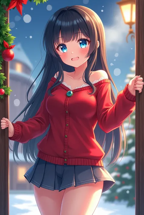 A teenage girl in Christmas clothes. bright blue eyes, dark hair, short skirt with neckline ,  thick thighs ,  smiling in anime 