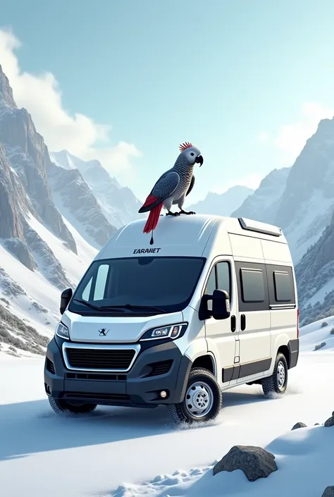  You make me a logo for a camper van , Where does a white Peugeot Camper van come out ,  a gray red-tailed parrot .  Everything in the snowy mountain .  I want it to be realistic and to put it down in capital letters "ENLACAMPER "