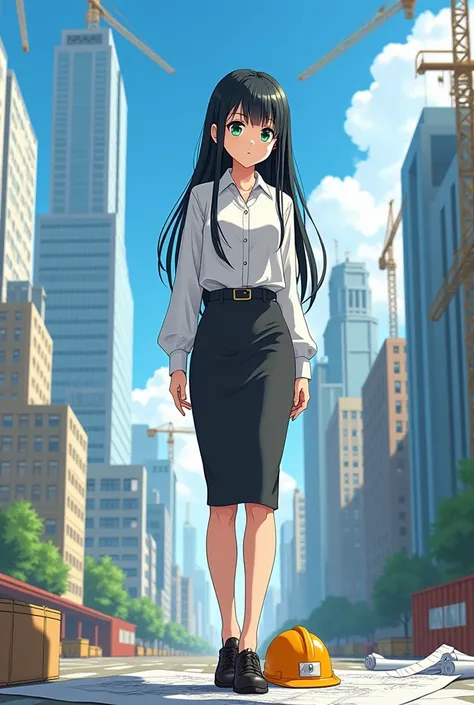 Anime girl with black hair and green eyes as an architect
