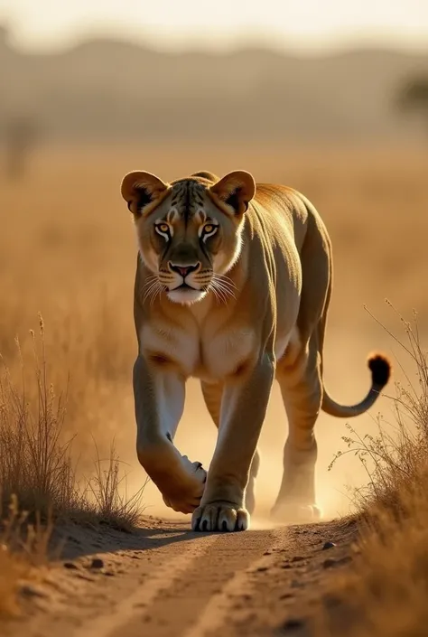 "Imagine a lioness, distinguished by her uniquely voluptuous form as she moves gracefully on all fours across the savannah. Her body is full and curvy, each movement accentuating the smooth, rounded contours of her figure. The sunlight plays across her lus...