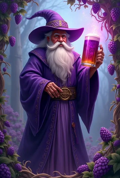 A wizard with a big beard holding a beer mug with lots of vibrant colors with a mystical bier writing and style of Purple Ipa beer with a hat on his head and some hops and branches of barley around 