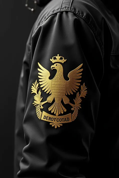 The coat of arms of the Country of Bolivia in gold color with thread textures on top of a black jacket sleeve 