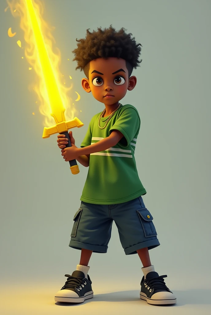 A black boy wearing a green three-striped shirt with dark blue shorts with black sneakers with a yellow sword