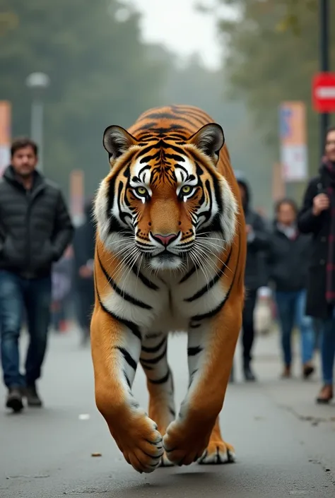 

"The image, showing a fully grown Bengal tiger near a  in a public space, raises questions about safety. This interaction seems improbable in real life, which suggests that the image may have been digitally altered or staged.

Overall Mood:"
