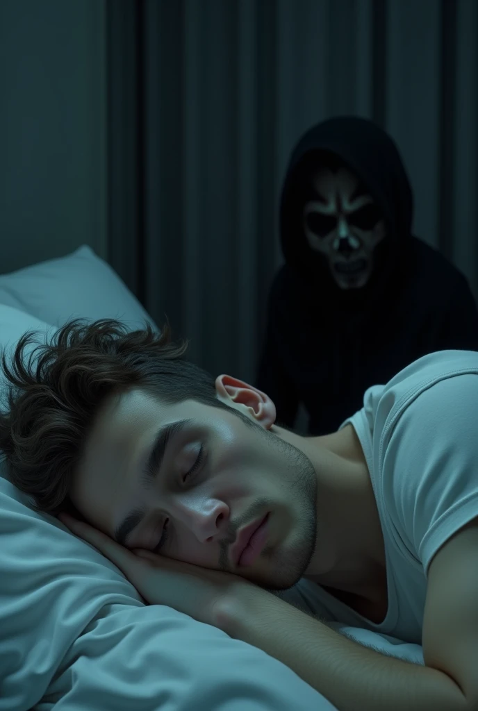 a man lying on his bed, side view, close up to the face, to one side the face of a dark ghost watching the sleeping person, close up to the face of the ghost and the man