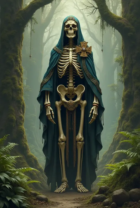 A skeleton in a forest all with a medieval and very religious style/biblical  