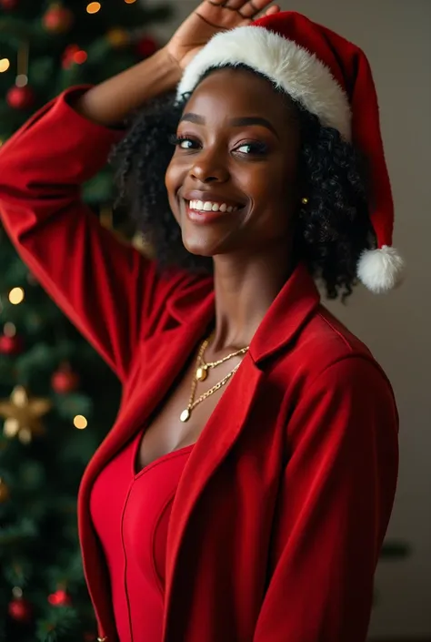 Realistic photo beautiful black person
 Happy standing saying silence with one finger of the hand with Christmas clothes and hat
Celebrating with one hand in the air