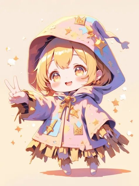 IMG_2384.CR2: an adorable, kawaii-style scarecrow character with a sweet, smiling face and big, sparkling eyes, wearing a pastel-colored, tattered hooded cloak that looks soft and cozy. The scarecrow has rosy cheeks and a tiny, cute mouth, adding to its ch...