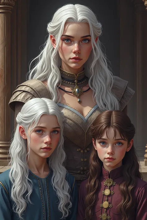 Screenshot of: "The House of the Dragon"
1. A Valyrian woman, between 30-32 years old, (with wavy white hair down to the small of her back, intense lilac eyes).
2. A young woman, , half Valyrian and Stark (with white hair and lilac eyes).
3. A boy, , half ...