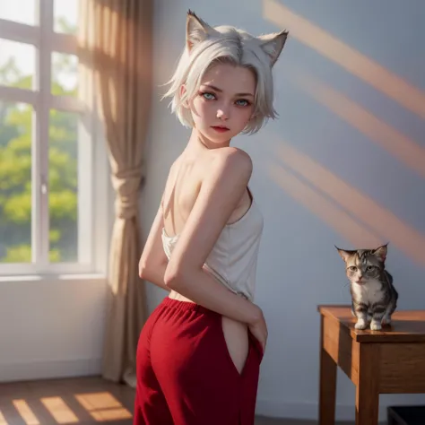 frankiefoster, posing short eyes,pussy cat , super cute face, red elements on fur, beautiful lights and shadows, ambient light, ...