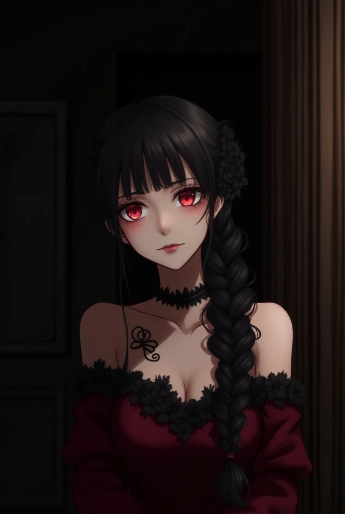 Make a woman, black hair ,  intense bright red eyes , pale fair skin , tired face,  burgundy red dress with black details ,  with a black flower tattoo on her neck and red makeup,  hair with braid bun , in a dark house , elegant, tired, com um véu na cabeç...