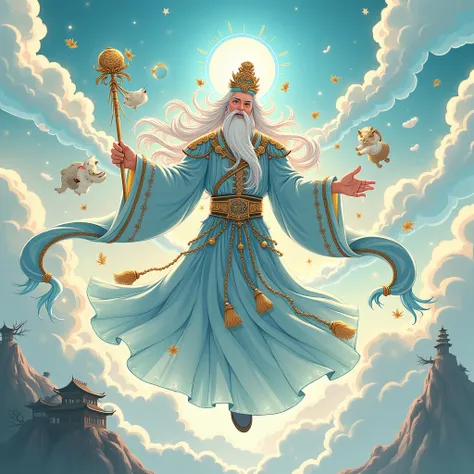 "A detailed anime-style illustration of Apka Enduri, the Manchu deity known as the God of the Heavens. Apka Enduri is depicted as an ethereal, wise, and powerful figure surrounded by natural elements, symbolizing his role as the source of life and creation...