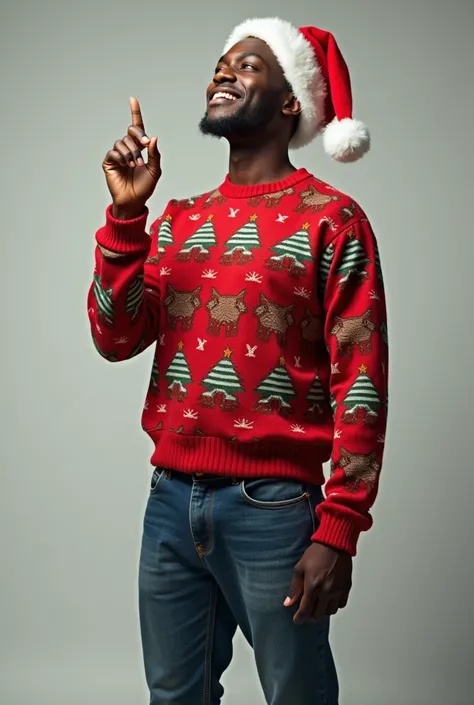 Realistic photo beautiful black person
 Happy standing silent with one finger of the hand and with the other celebrating with Christmas clothes and hat
