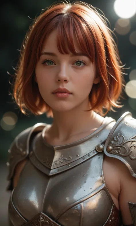 score_9, score_8_up, score_7_up, score_6_up, photo, realism, photorealistic, cowboy shoot, woman, redhead, short hair, straight bangs, square bangs, thick lips, green eyes, curvy, curvy breasts, armor, looking at viewer, full face, depth of field, bokeh, b...