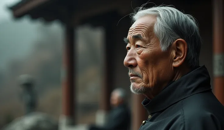 Give me an older Asian man in profile and close to the image in the right corner
