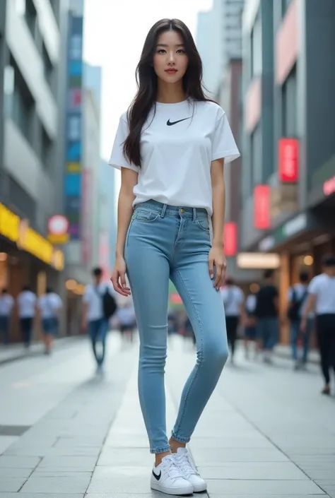 Korean woman in light blue tight jeans and Nike shirt and shoe on the street