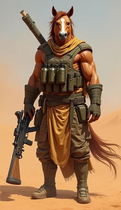 Guardian of the Deserts :

Body: Tanned skin and muscles with even fuller and more defined muscles, very strong 

Rosto:  Arabian-style horse face ,  with a long snout and an expression of authority .

Clothing:  Camouflaged clothing in shades of sand and ...