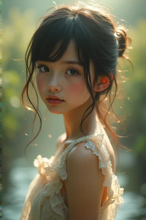 dreamy (A petite girl with beautiful and detailed eyes. The depth of field in the photo is perfect, the lens flare adds a nice touch, {{side breast:2}}}, a soaky dress