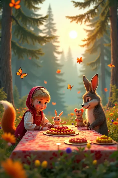 **Scene 1: The fairytale forest **  
 “An enchanting Old Russian fairy tale forest , with colorful flowers,  bright sun and tall pine trees .  A cheerful girl named Masha in traditional dress plays with a clever, cartoonish fox ,  a funny mouse and a brave...