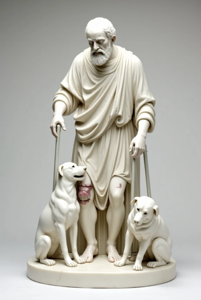  Renaissance-style white marble sculpture of Saint Lazarus, with deteriorated tunic ,  old man with wounds on his knees, with crutches under their arms and two dogs licking their wounds 