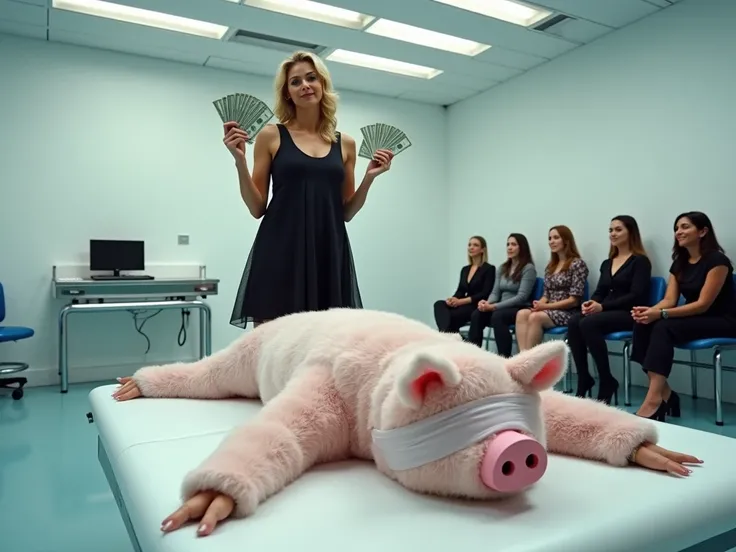 realistic photo.  
white procedure room with elevated stage with reflective metal operating table with long leather straps and a row of chairs.   perspective is from behind A 30 year-old fit woman in black cocktail dress standing confidently and assertivel...