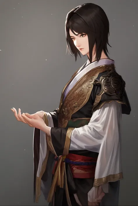 masterpiece, best quality, romance of the three kingdoms, realistic, game cg, watercolor (medium), 1boy, simple background, noble black clothes, Oriental, with bangs, detailed hair, detailed brown eyes, detailed clothes, short hair