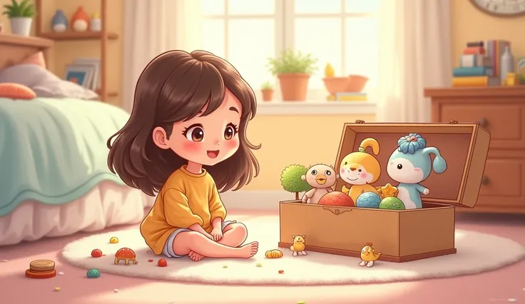 A little cartoon girl with wavy hair sits on the floor in her room next to her toy box full of beautiful toys