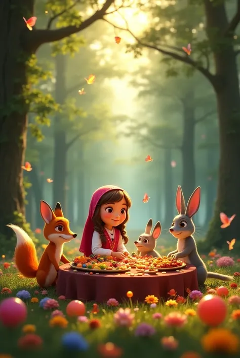 **Scene 1: The fairytale forest **  
 “An enchanting Old Russian fairy tale forest , with colorful flowers,  bright sun and tall pine trees .  A cheerful girl named Masha in traditional dress plays with a clever, cartoonish fox ,  a funny mouse and a brave...