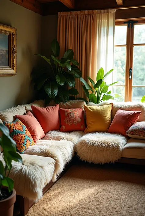 " Boho style living room with colorful cushions, sisal rug and plants .  Kodak retro style warm colors . --ar 2:3 - In the 6th.0"

