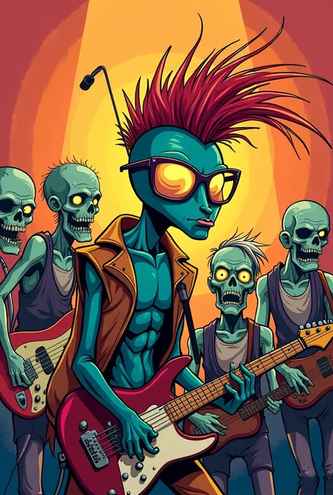 Colourful comic drawing 
Male punk ant solo singer with eyeglasses myopebmicrophone 
With Rock Punk Band 5 old zombie members 
