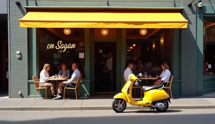 mid shot - straight on, shopfront outside a cafe in inner-city Melbourne, shopping strip has a crowded feel with tall buildings visible over single story shops, long awning above the pavement painted yellow, grey brick building with large windows on either...