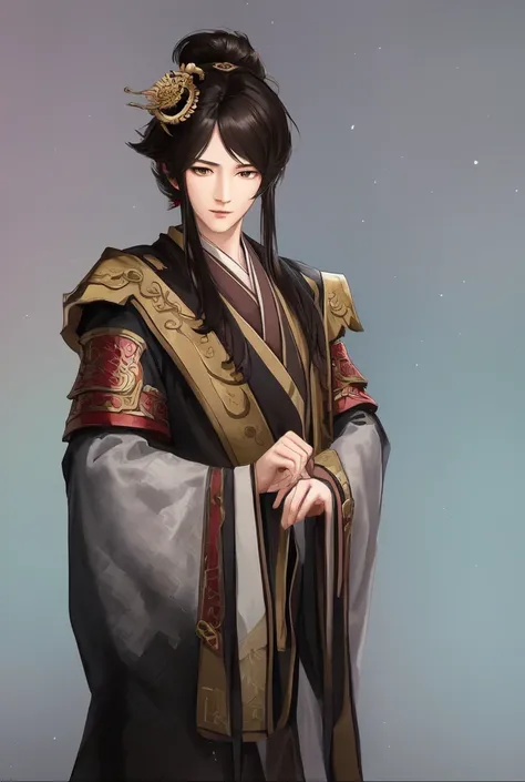 masterpiece, best quality, romance of the three kingdoms, realistic, game cg, watercolor (low), 1boy, simple background, noble black clothes, Oriental, with bangs, detailed hair, detailed brown eyes, detailed clothes, short hair