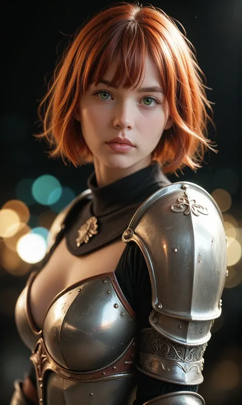 score_9, score_8_up, score_7_up, score_6_up, photo, realism, photorealistic, cowboy shoot, woman, redhead, short hair, straight bangs, square bangs, thick lips, green eyes, curvy, curvy breasts, armor, looking at viewer,  depth of field, bokeh, black backg...