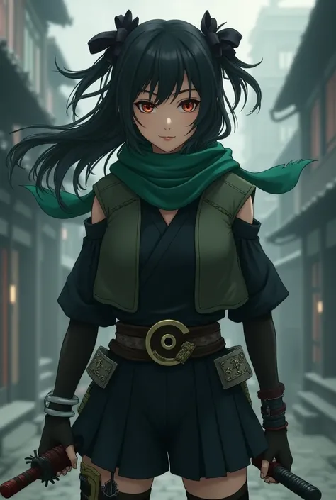  Ninja girl with black hair ,  with two bows and a band with an eclipse symbol on the neck , green scarf,  vest and black sleeve shirt ( vest blacker than the sleeved shirt )  small shorts and weapons on the legs that cover what is left of the legs, all st...