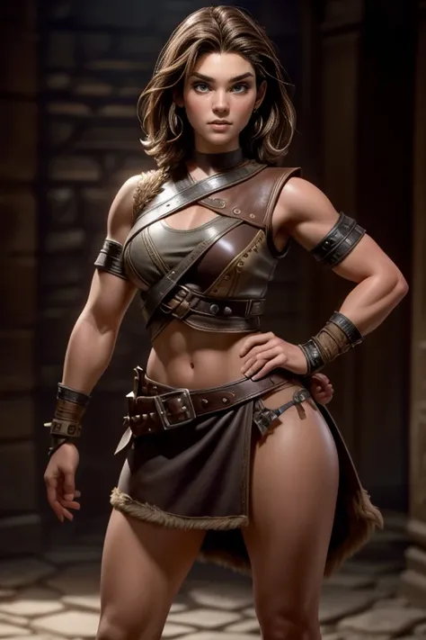  Young Viking woman , short brown hair, ojos marrones, leather armor, top leather straps ,  muscular shirt , fur skirt, bushy eyebrows,  looking at the camera , Epic character composition,  a look of determination,  full body,  masterpiece , super detail, ...