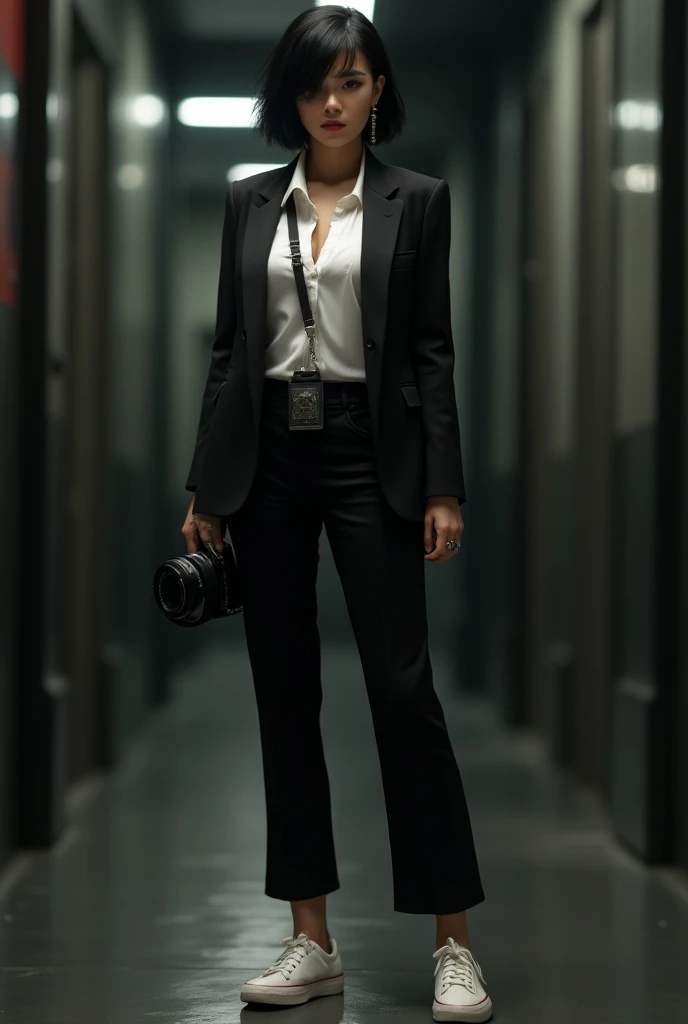 Create a brunette with short black hair as a criminal expert with black tailoring pants, white sneakers, white blouse and a black blezer with a camera around the neck along with a badge.