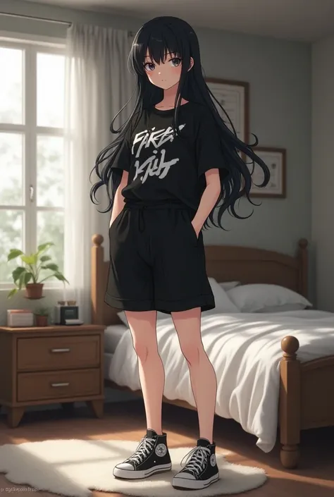 A female anime character, black hair ,black eyes,white fur, 1.72 tall,GG black shirt, black sneakers wide black shorts ,Allstar , posing forward in the bedroom