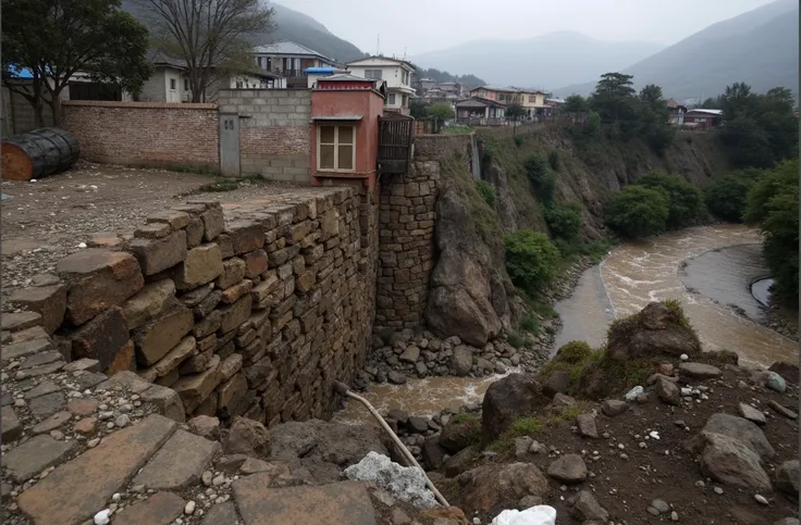  a super large river where there are 1-story houses that are on the edge of the river but which have a large cement barrier about 50 meters high like a thick wall and that has a drainage through the river if you want to fill the houses. The wall covers mor...