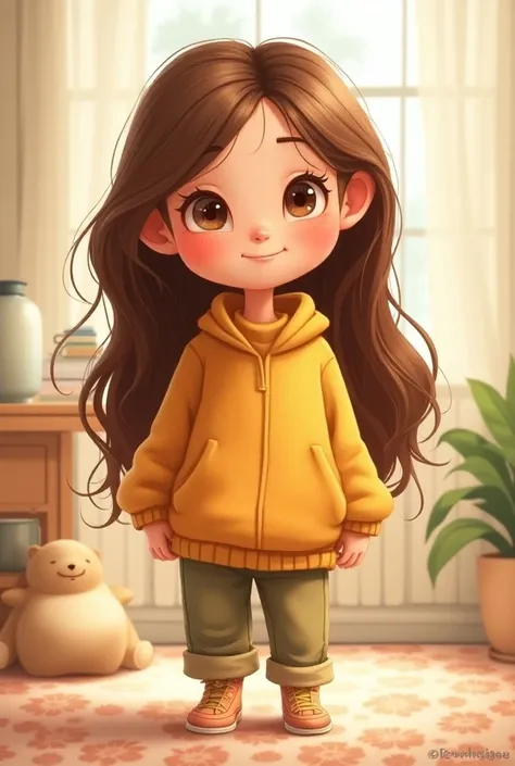 Cartoon with long brown hair with brown eyes wearing a sweater and pants 

