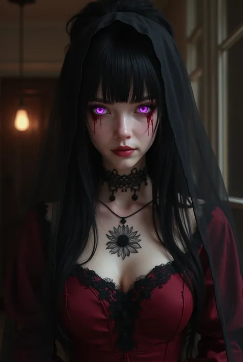  Make a semi-realistic woman , black hair ,  intense bright purple eyes half reddish, pale fair skin , tired face,  burgundy red dress with black details ,  with a black flower tattoo on her neck and red makeup, hair tied in a bun , in a dark house , elega...