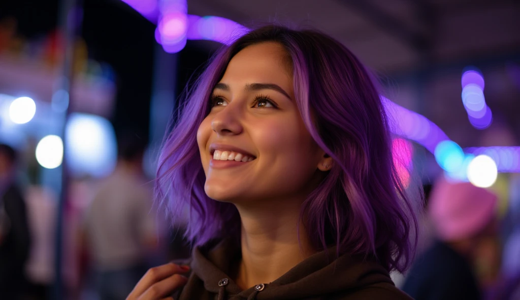 seen from side photo of a friendly, (friendly:0.2) and beautiful, ((beautiful:1.5)), approachable (approachable:0.3), latina woman (latina:0.6), in her mid-20´s, (23 years old) with vibrant purple hair, (purple realistic hair:1.5), short hair, her hair rea...