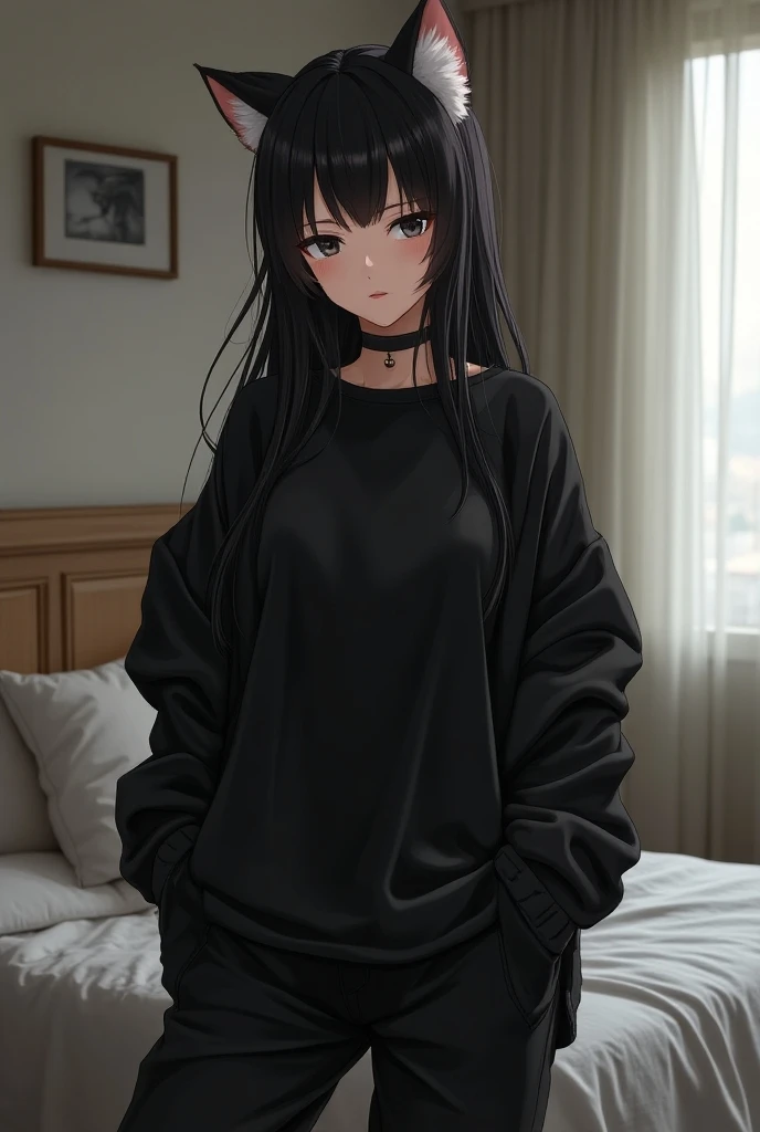 A female anime character, black hair ,black eyes,white fur, 1.72 tall,large black t-shirt black sweatpants ,Allstar , wide black shirt posing forward in the bedroom