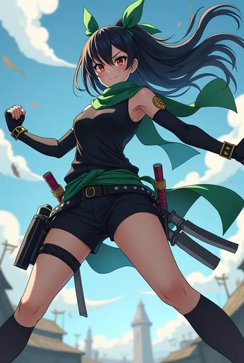  Ninja girl with black hair ,  with two bows and a band with an eclipse symbol on the neck , green scarf,  vest and black sleeve shirt ( vest blacker than the sleeved shirt )  small shorts and weapons on the legs that cover what is left of the legs, All Na...