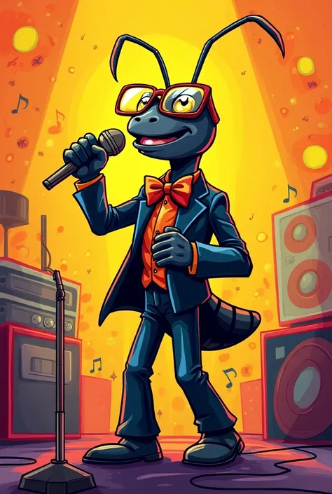 Colourful comic drawing 
Male rock ant solo singer with short-sighted glasses microphone 
